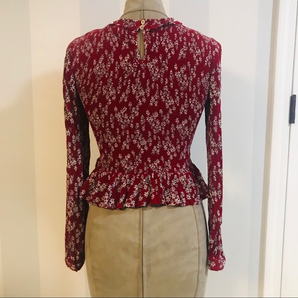 Burgundy Smocked Long-Sleeve Peplum Crop Top - Picture 4 of 7